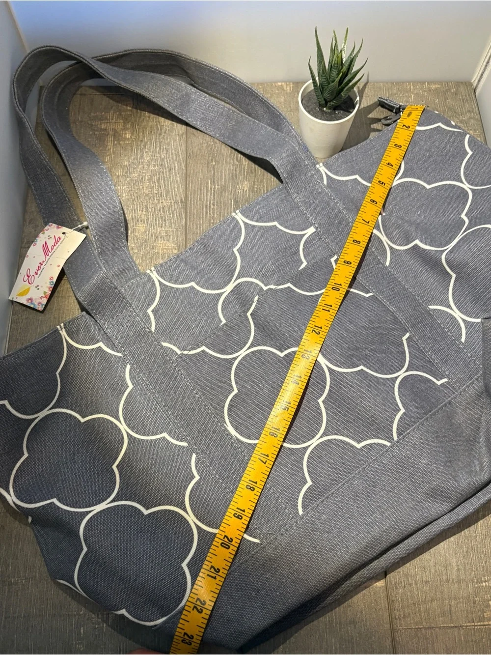 Ever Moda Canvas Tote Bag in Charcoal Gray with White Pattern